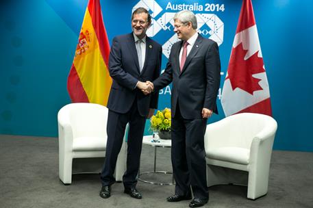 16/11/2014. Encuentro entre Rajoy y el primer ministro de Canadá en el G-20. El presidente del Gobierno, Mariano Rajoy, y el primer ministro...
